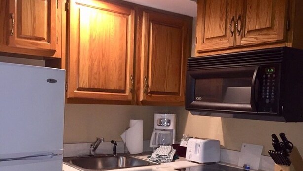 Une cuisine compacte avec des meubles en bois, un réfrigérateur blanc, un four à micro-ondes, un grille-pain et un évier.