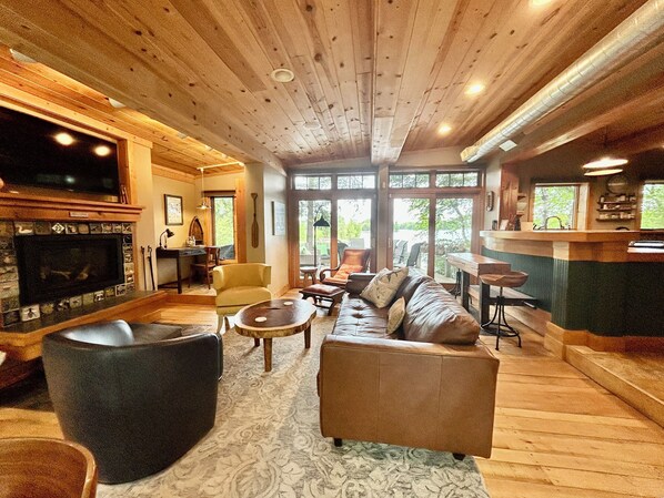 Smart TV, fireplace, books, stereo