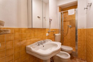 Shower, hair dryer, bidet, towels