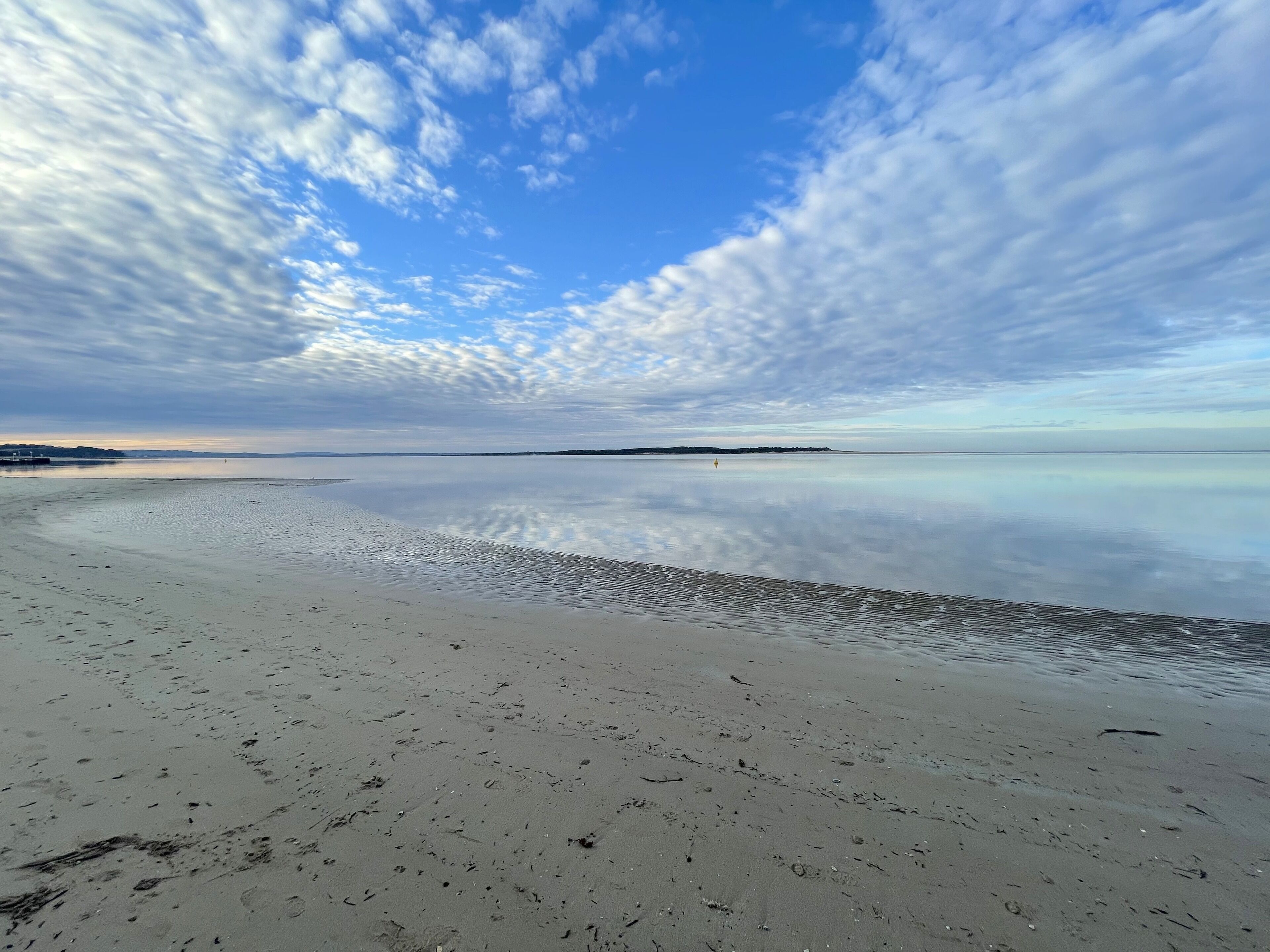 Een strand met een kalme zee en heldere lucht.
