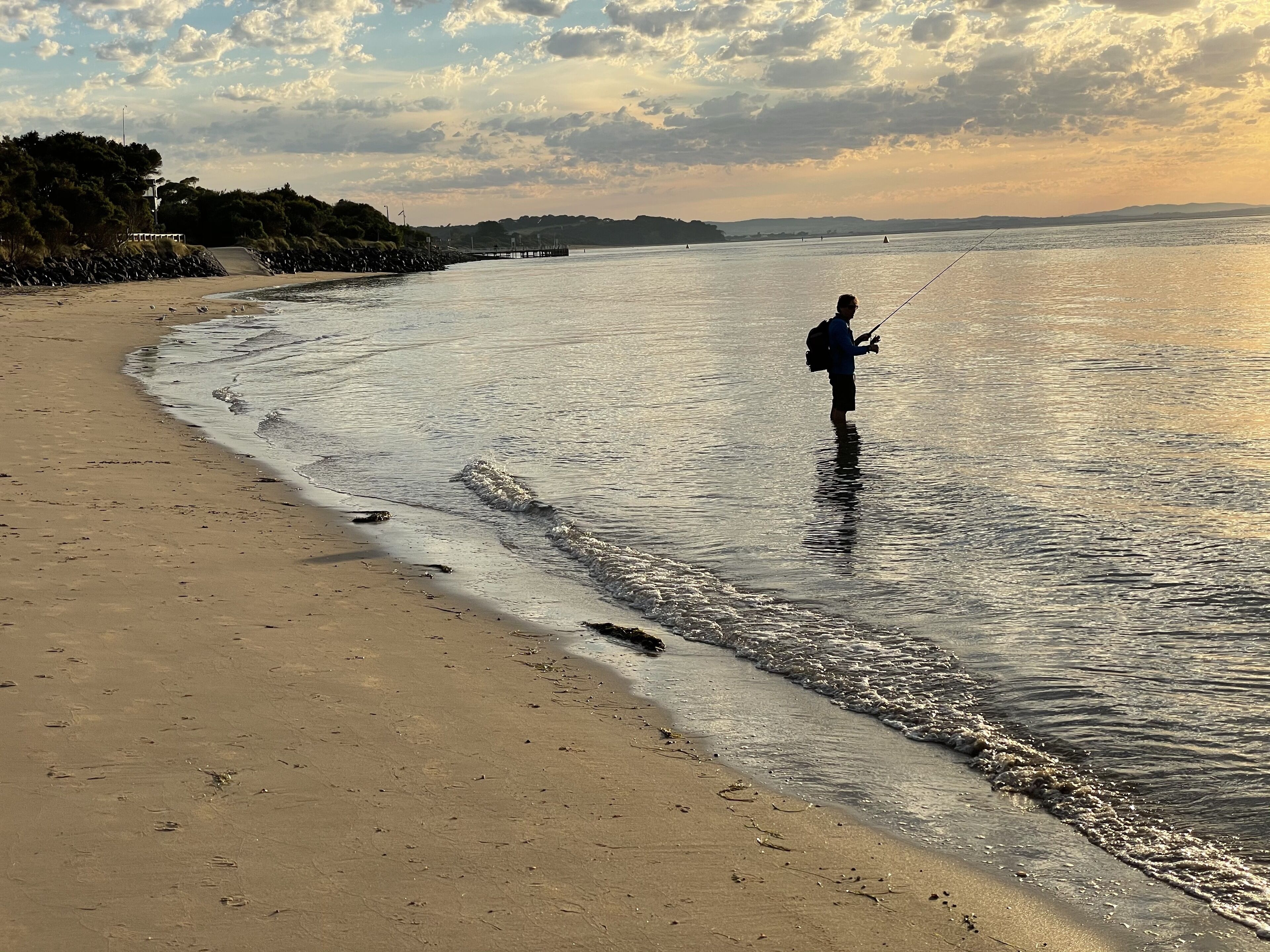 A beach scene with a person fishing in shallow water, a pier extending into the water, and a distant shoreline with vegetation.