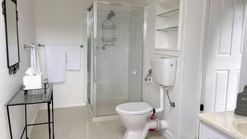 Ein komplettes Badezimmer mit Toilette, Dusche und Waschbecken.