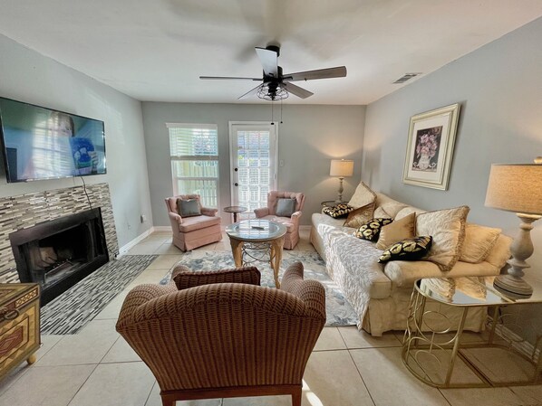 Smart TV, fireplace, books