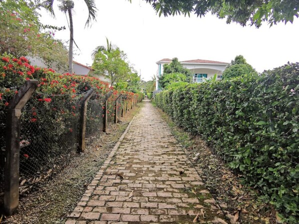 A cobblestone pathway flanked by lush greenery and flowering plants, leading to a building with a white facade and red-tiled roof.