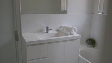 Tina, secadora de cabello, toallas, jabón