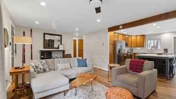 Smart TV, chimenea, libros