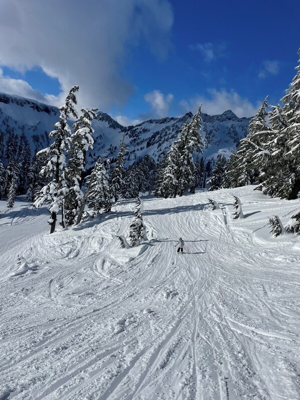 A snowy ski slope with trees and mountains in the background.