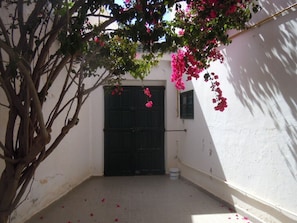 Une ruelle étroite, avec un portail noir, un mur blanc et un arbre aux fleurs roses.