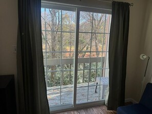 Et værelse med stor skydedør, der fører til en terrasse med udsigt til træer.