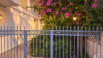 A gated entrance with a metal fence, a building with a light-colored facade, and a flowering bush.