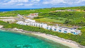 Vista aèria d'un hotel costaner amb diversos edificis blancs, un passeig marítim i vegetació exuberanta.
