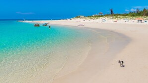 Platja amb aigua turquesa cristal·lina, sorra daurada i un gos a la dreta.