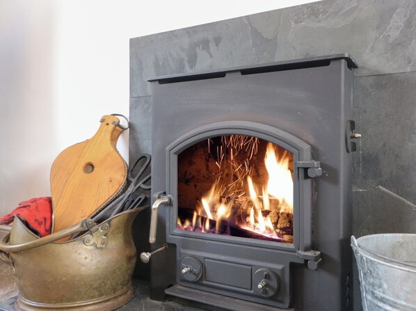 A wood-burning stove with a metal bucket and a wooden spoon nearby.