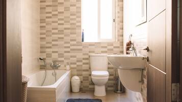 Combined shower/tub, hair dryer, towels, shampoo