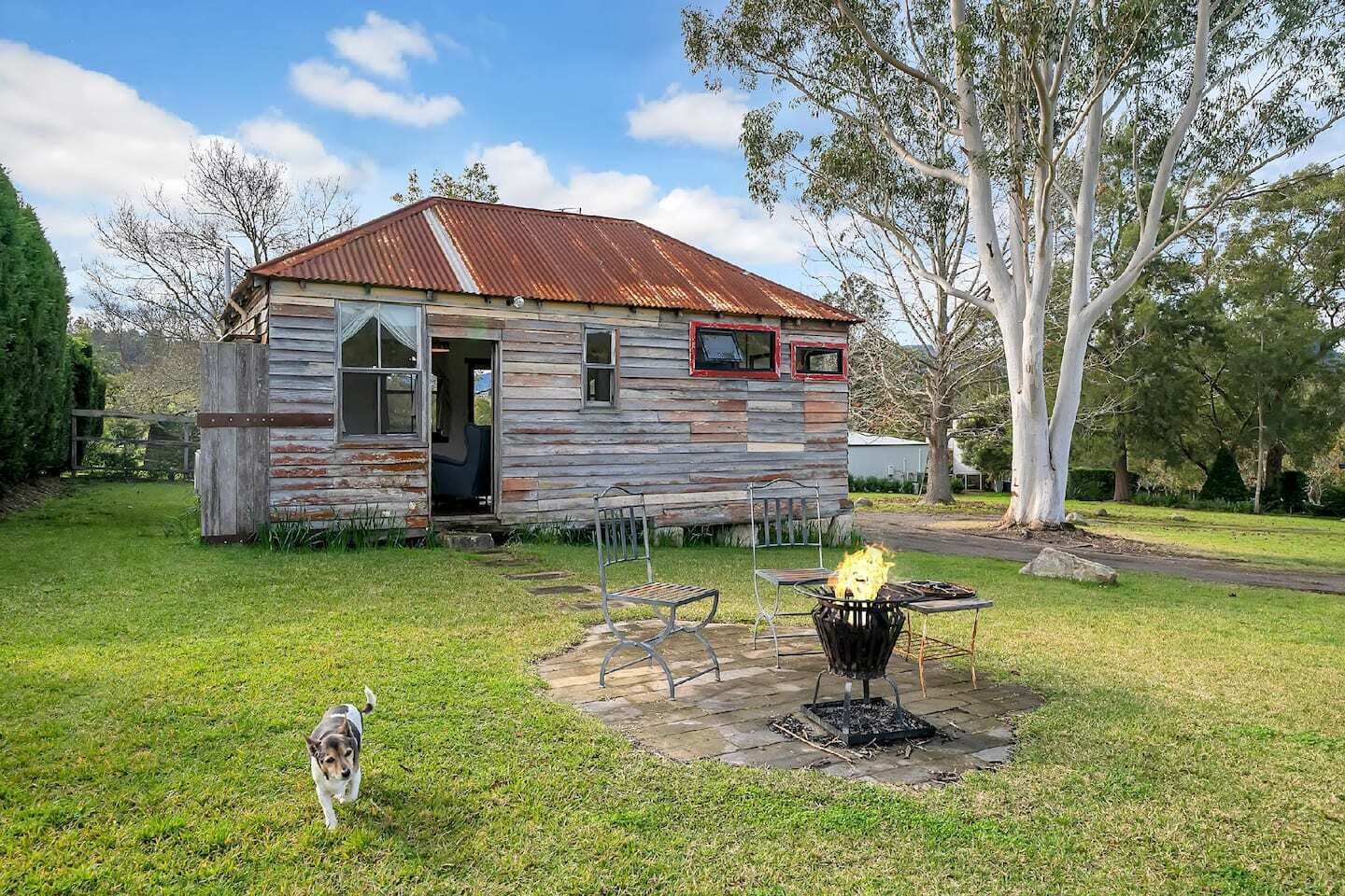 A rustic wooden cabin with a metal roof, a fire pit, and a dog in the yard.