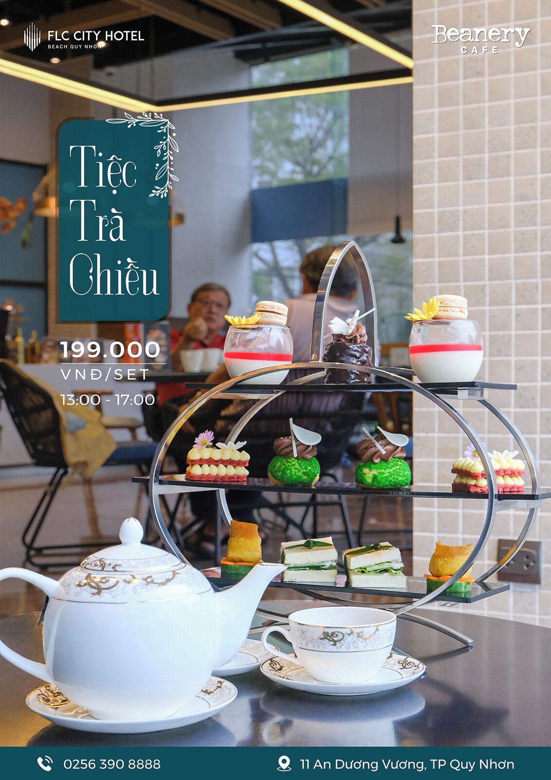 A tea service setup with a teapot and cups, a tiered dessert display, and a sign indicating a price of 199,000 VND per set.