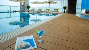 Indoor pool, outdoor pool, pool loungers