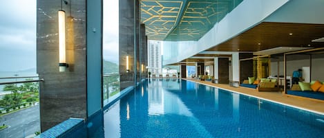 Indoor pool, outdoor pool, pool loungers