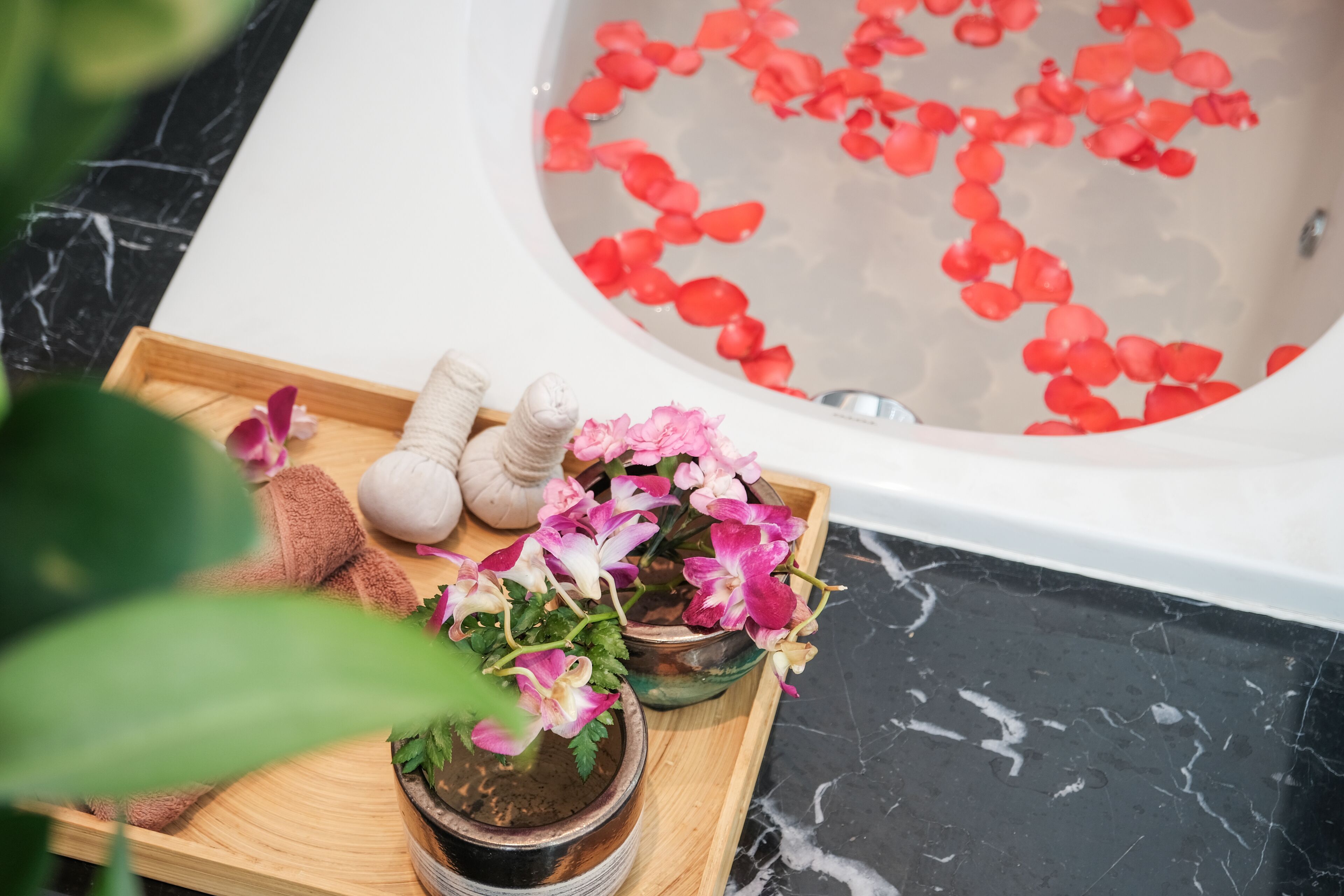 Una bañera llena de pétalos de rosa roja, rodeada de plantas en macetas y artículos de baño sobre una bandeja de madera.