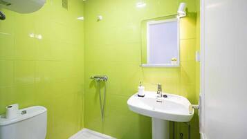 Een badkamer met een toilet, douche en wastafel.