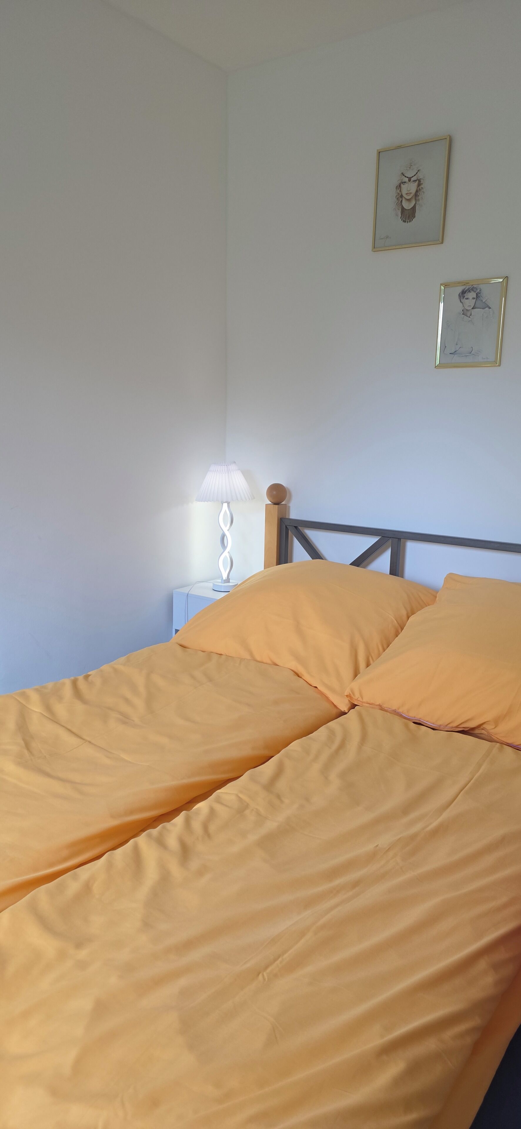 Una cama con cabecera de madera, una lámpara de noche y dos cuadros en la pared.
