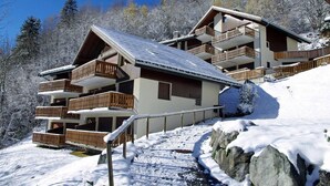 A multi-story chalet with balconies, set in a snowy mountainous area. - 100m from resort center, 1st floor, view village, balcony, tv, 21m², Champagny-en-Vanoise (Champagny-en-Vanoise)