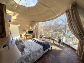 Una habitación acogedora con cama, escritorio, televisor y vistas al exterior a través de amplias ventanas.
