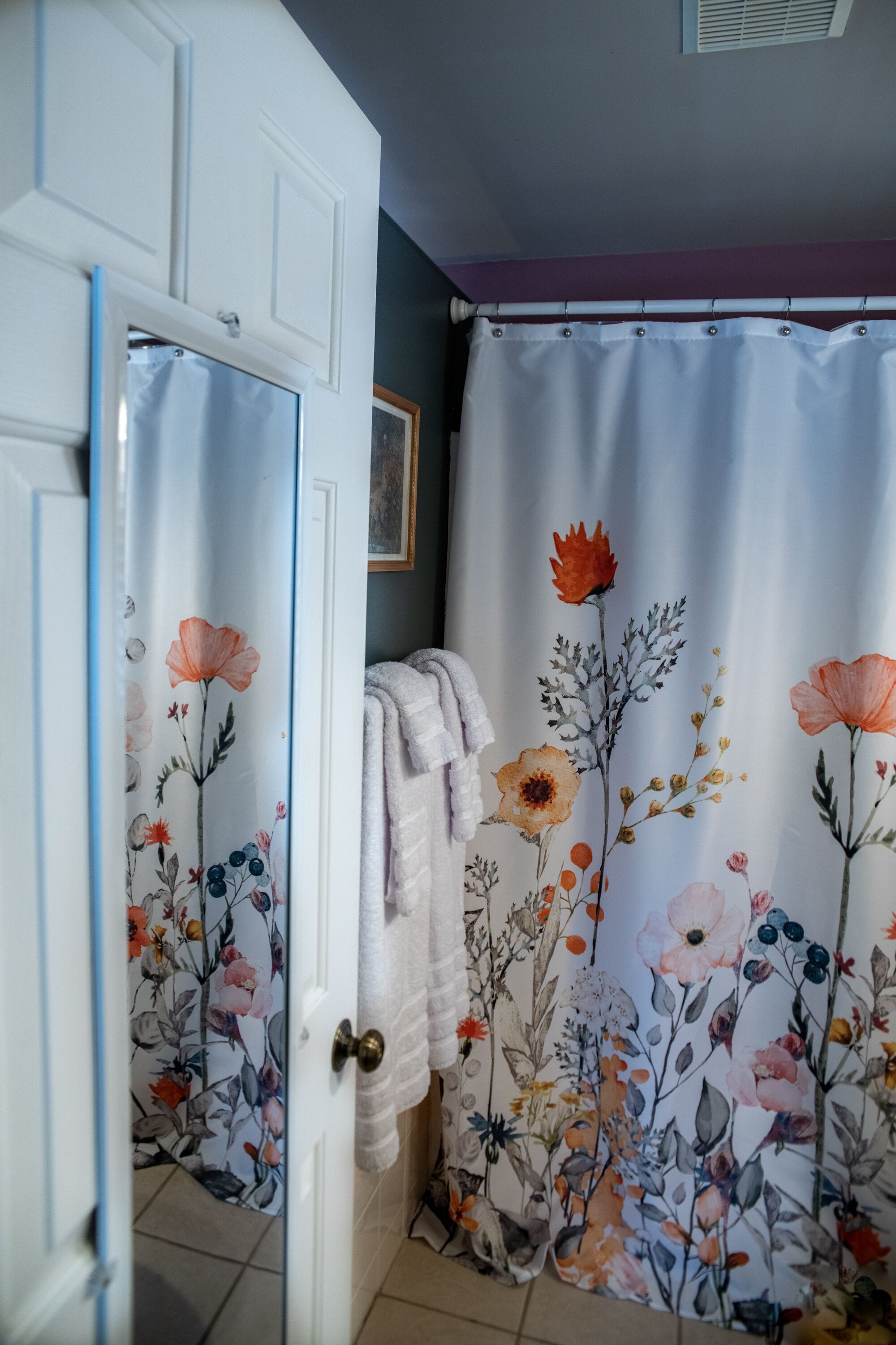 A bathroom with a floral shower curtain, a white door, and a towel rack with towels.