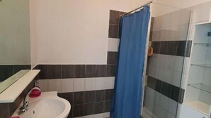 A bathroom with a sink, mirror, and shower area. - La Belle Auvergne 1 / F2 - 3 people (Condat)