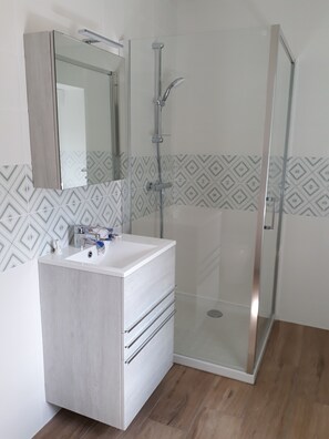 Shower, hair dryer, towels, toilet paper