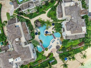 Outdoor pool, pool umbrellas, pool loungers
