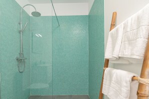 Shower, jetted tub, hair dryer, towels