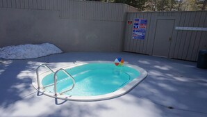 Ein kleiner, klarer, blauer Pool mit einer Metallleiter, umgeben von einer Betonplattform und einem Holzzaun.