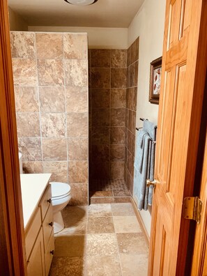 Douche, serviettes fournies, savon, papier toilette