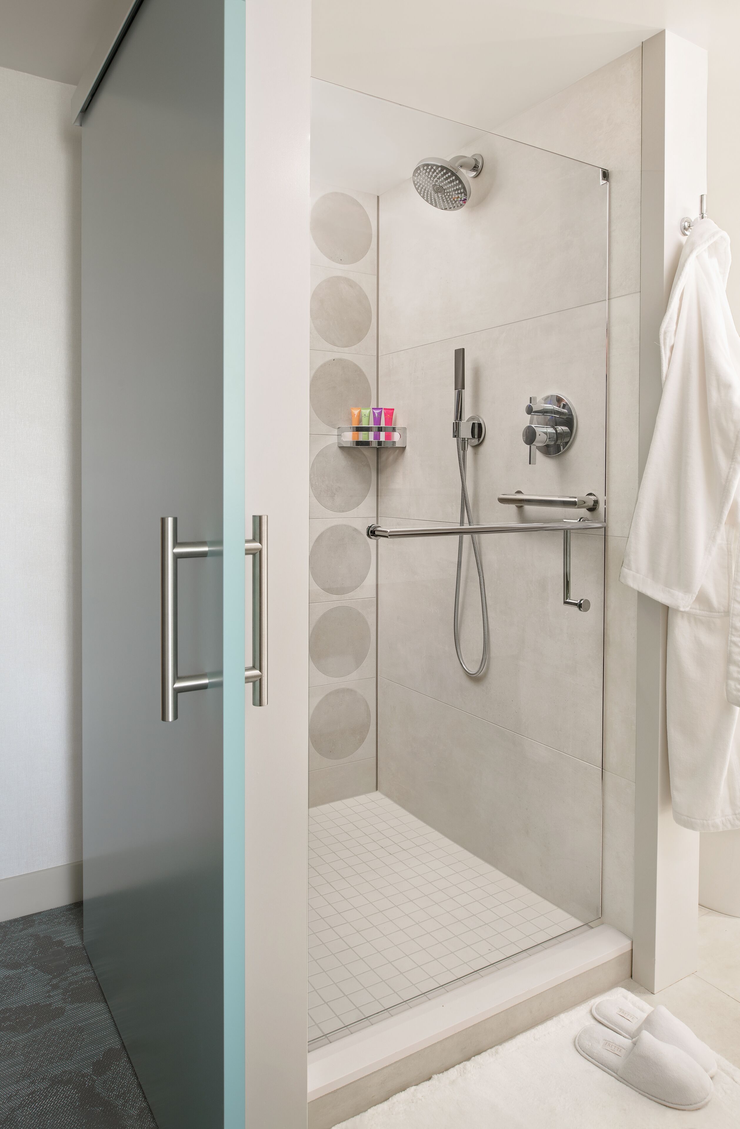 designer toiletries, hair dryer, bathrobes, towels