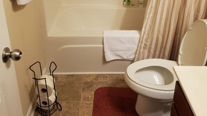 Ducha y bañera combinadas, secador de pelo, champú y papel higiénico
