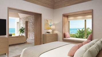 Un dormitorio con cama, cómoda, televisor, ventana y vista al océano, además de una planta.