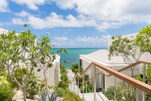 A coastal hotel with a view of the ocean, a staircase leading to the beach, and lush tropical vegetation. - Rock House (Providenciales)