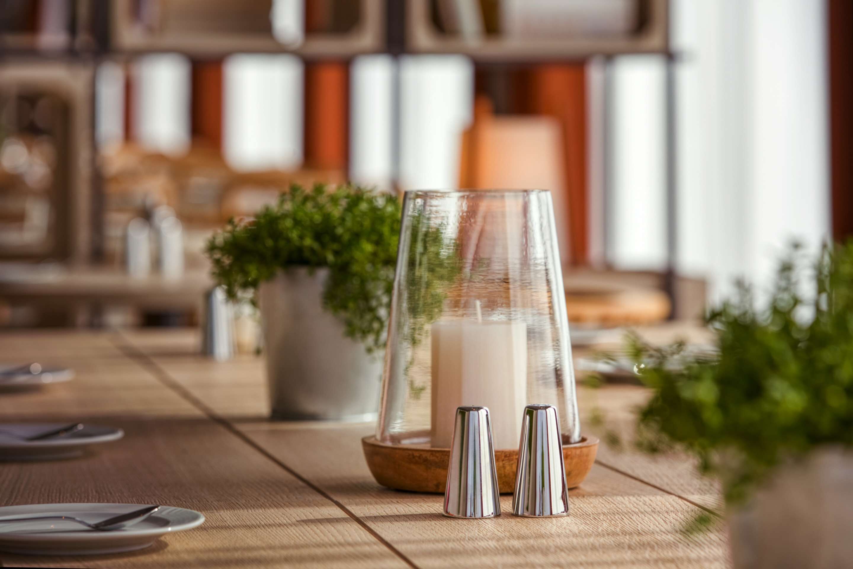 Una mesa de comedor con una vela, saleros y pimenteros, y una planta en maceta.