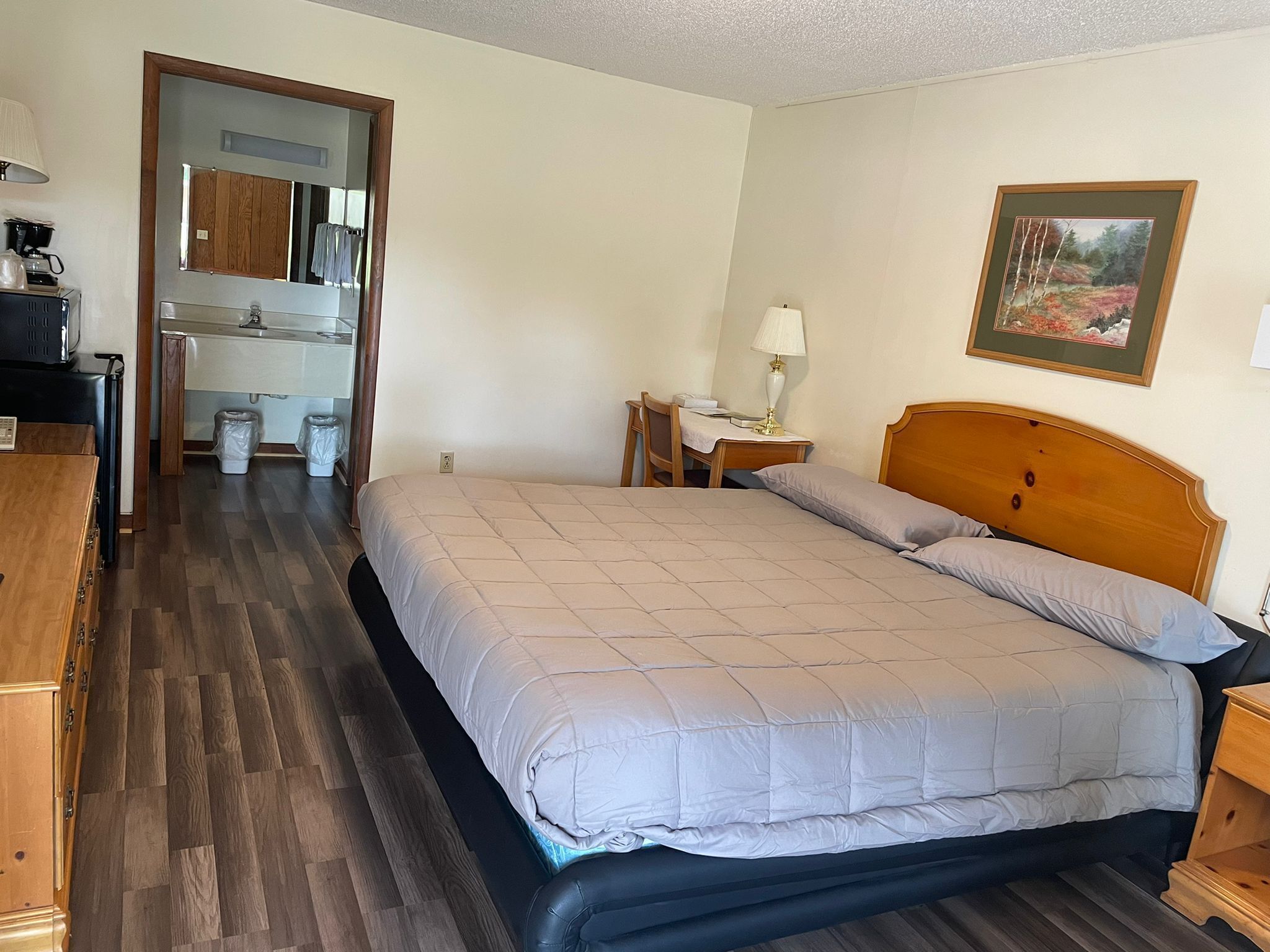 Una camera da letto con un letto, una scrivania, una sedia, una lampada e un quadro appeso al muro.