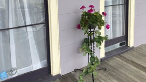 Fachada de edificio con amplias ventanas, detalles decorativos en la pared y una maceta con flores.