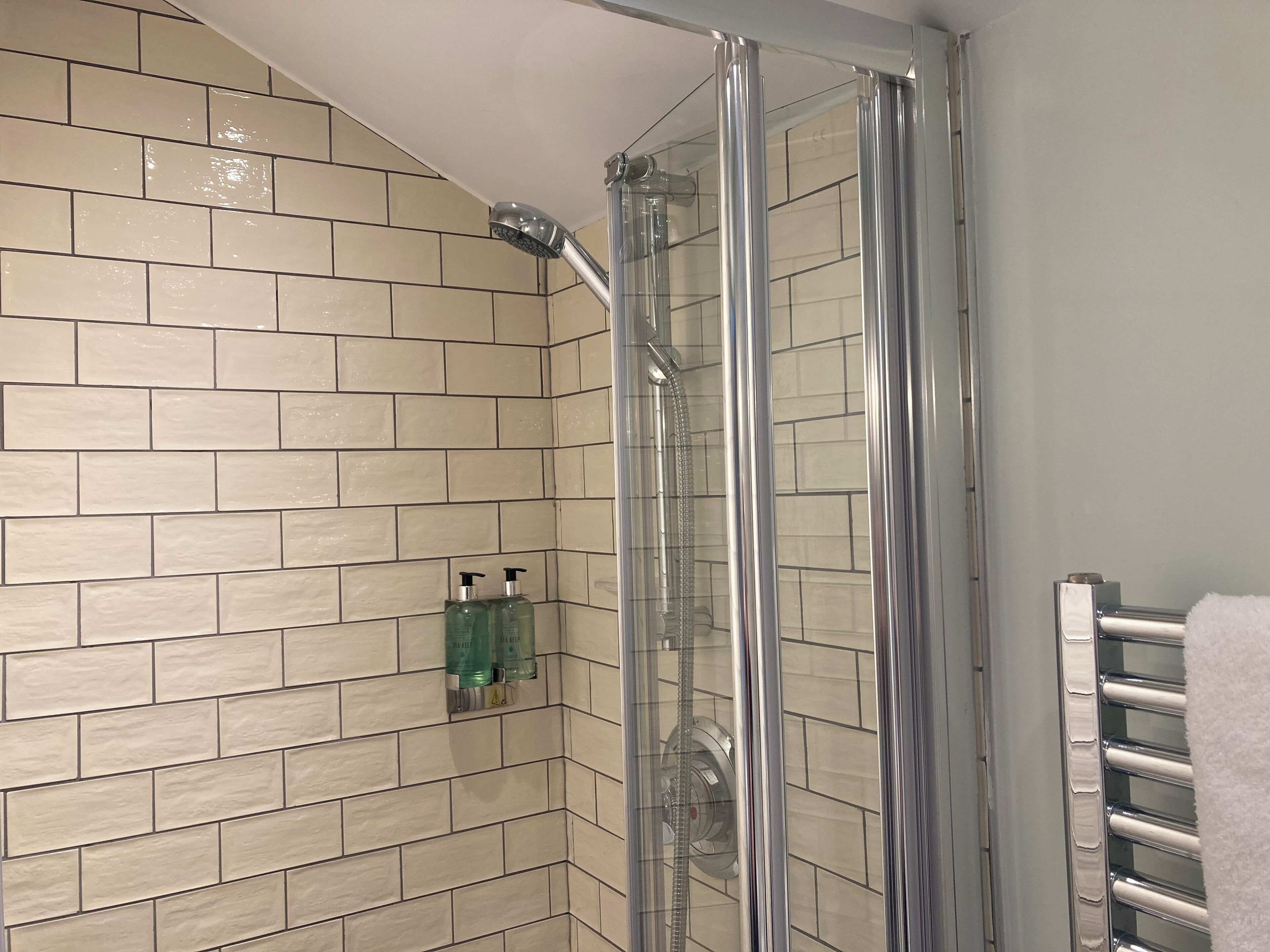 En dusch med en glasdörr, beige kakel på väggarna och en handduksställning.
