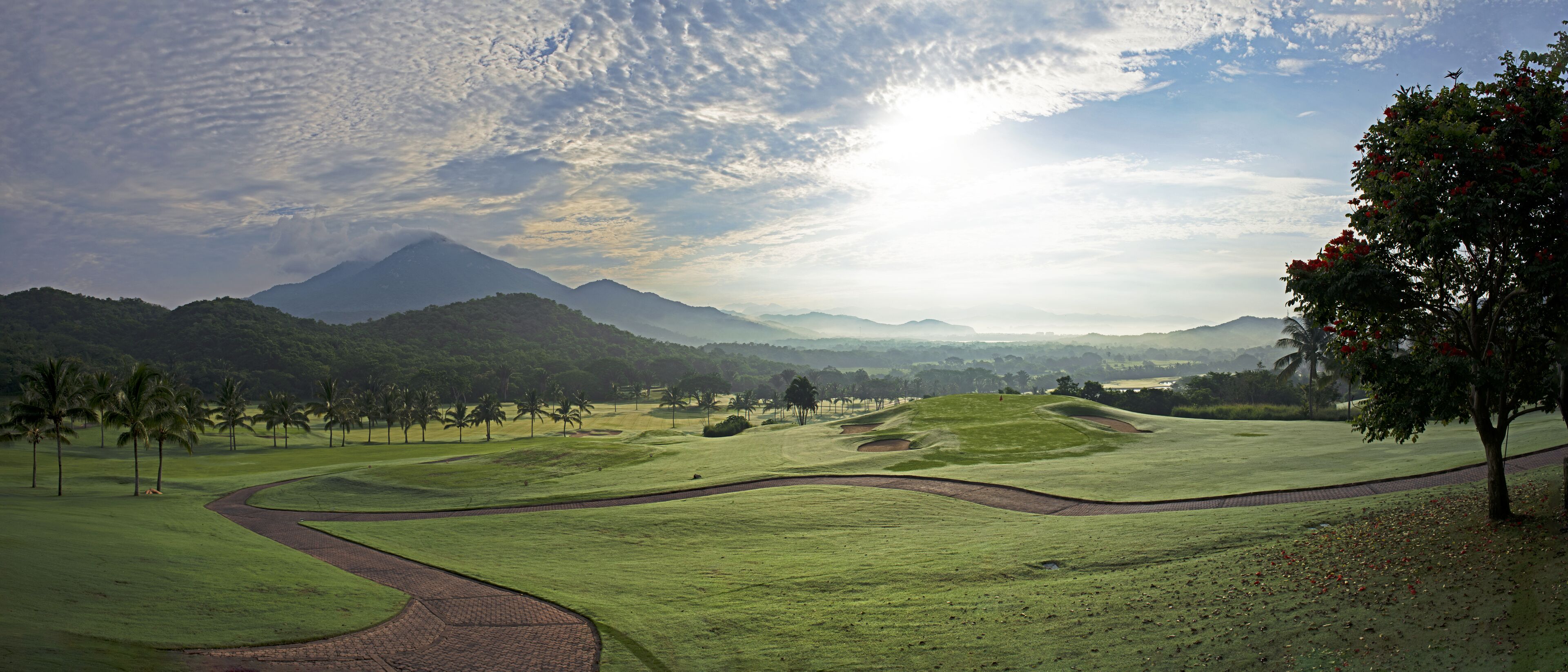 Un campo de golf con un sendero sinuoso, palmeras y una montaña al fondo.