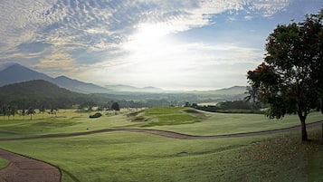 Un campo de golf con un sendero sinuoso, palmeras y una montaña al fondo.