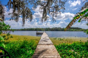 A wooden pier leading to a dock on a lake, surrounded by greenery and trees with hanging moss.
