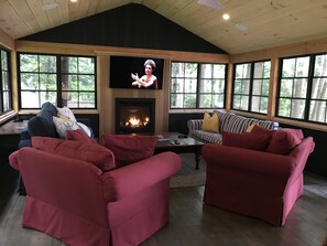 Télévision, cheminée, lecteur de DVD