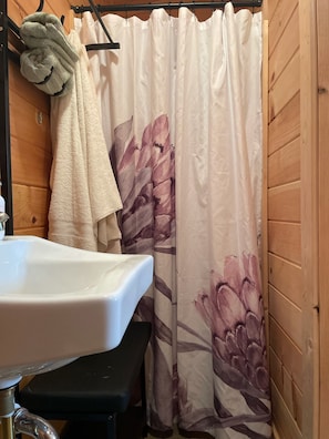 Shower, towels, soap, shampoo