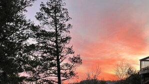 A wooden deck with a railing, surrounded by trees and a fence. - Private Retreat For You w/HEATED Pool, Private Dock,  Activity gym, 100 acres! (Galena)