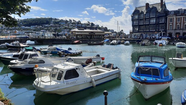 A marina with various boats docked, a waterfront building, and a hill with buildings in the background.