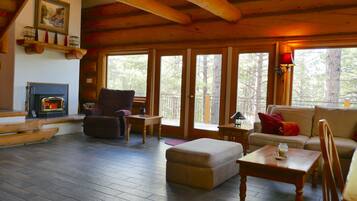 Smart TV, fireplace, books